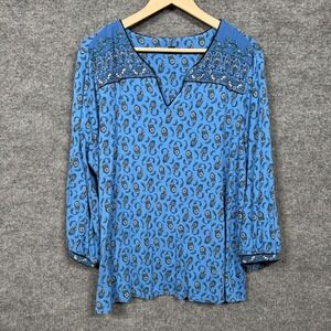 J.Jill Wearever Collection Plus Size 2X Top Blouse Blue Boho Peasant Paisley